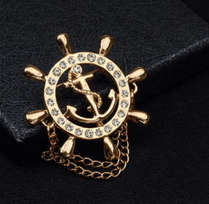 Anchor in Wheel Rhinestone Gold Lapel Pin Chain - AJ