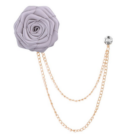 Grey Satin Rose & Rhinestone Lapel Pin Chain